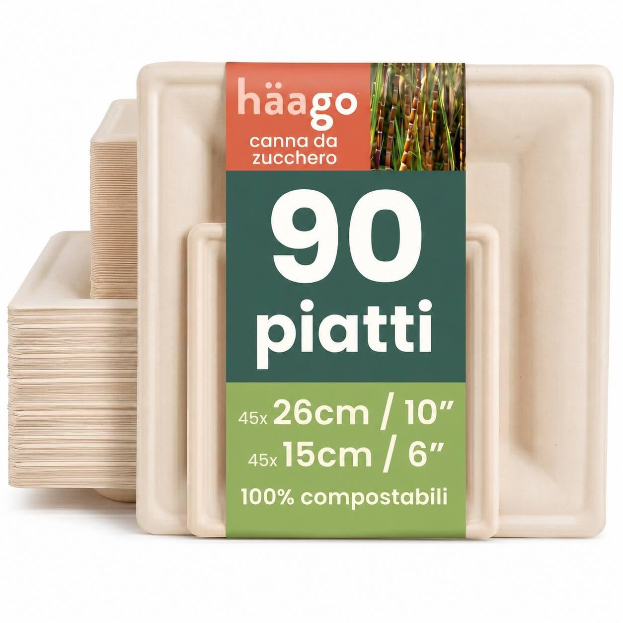 HAAGO 90 Piatti Compostabili Resistenti 15cm + 26cm – Piatti di Carta Biodegradabili Robusti in Bagassa di Canna da Zucchero, Antigrasso & Anti-Perdita, per Cibi Caldi/Freddi, Feste & Catering