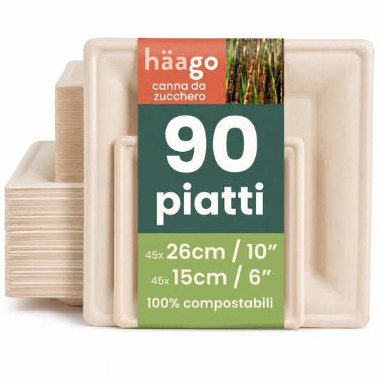 HAAGO 90 Piatti Compostabili Resistenti 15cm + 26cm – Piatti di Carta Biodegradabili Robusti in Bagassa di Canna da Zucchero, Antigrasso & Anti-Perdita, per Cibi Caldi/Freddi, Feste & Catering