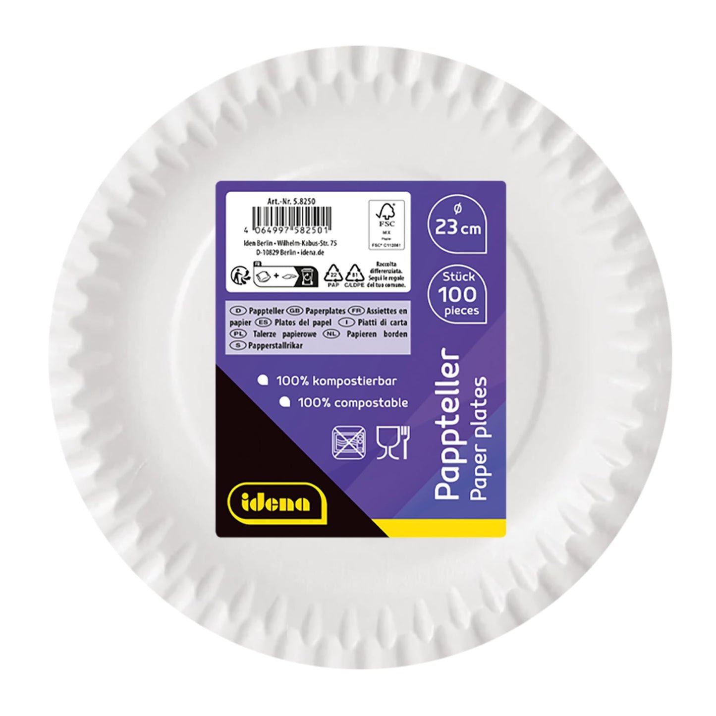 Idena 58250 - Piatti per feste bianchi, 100 pezzi, diametro 23 cm, ecologici e compostabili, piatti di carta, piatti di carta, stoviglie usa e getta