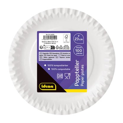 Idena 58250 - Piatti per feste bianchi, 100 pezzi, diametro 23 cm, ecologici e compostabili, piatti di carta, piatti di carta, stoviglie usa e getta