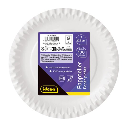 Idena 58250 - Piatti per feste bianchi, 100 pezzi, diametro 23 cm, ecologici e compostabili, piatti di carta, piatti di carta, stoviglie usa e getta
