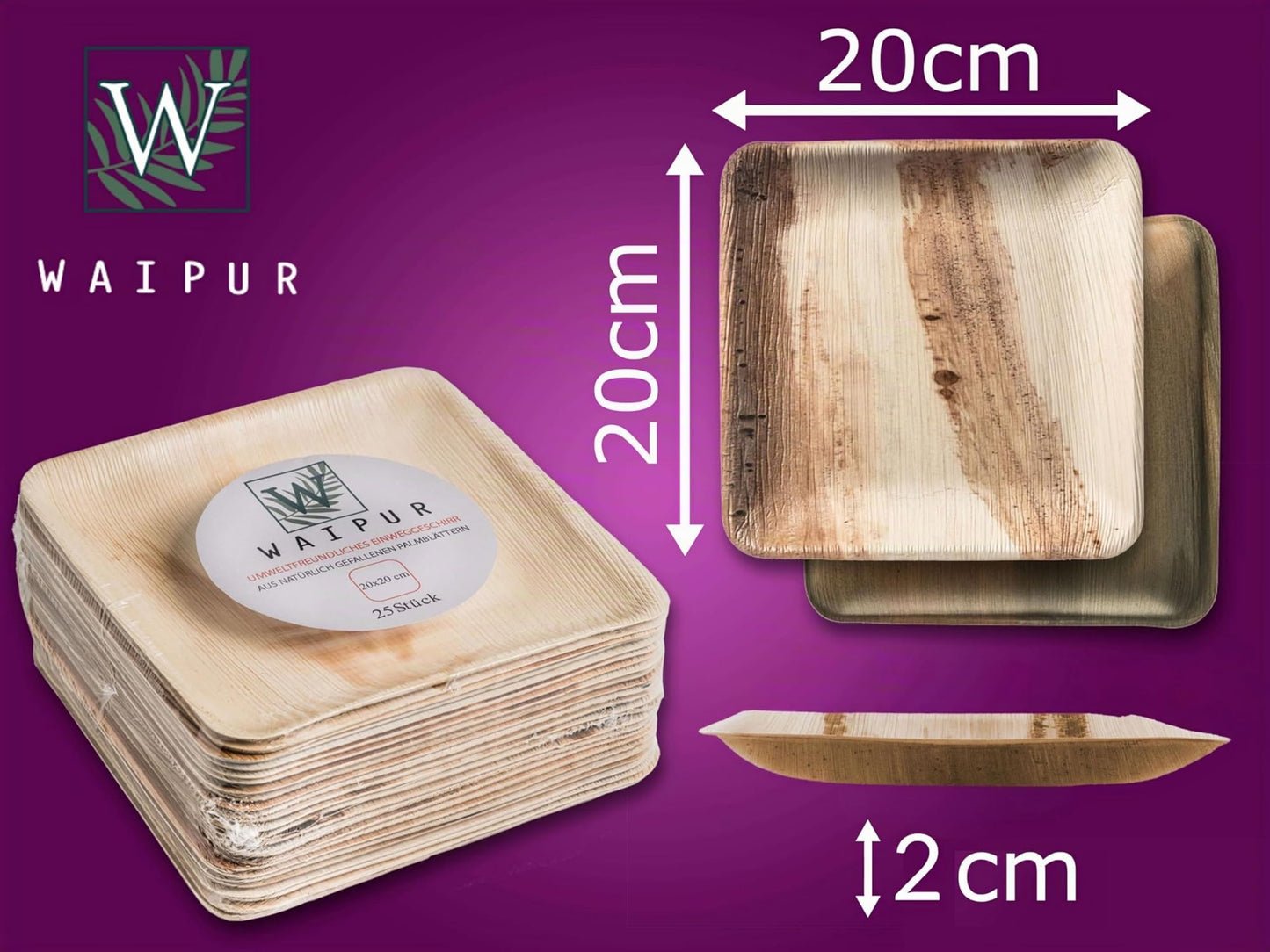 Waipur Piatti in Foglia di Palma Ecologici - 25 Pz Quadrati 20x20 cm - Stoviglie usa e getta Compostabili Eleganti - Leggeri e Resistenti - Simile al Bamboo e al Legno - Ideale per Feste