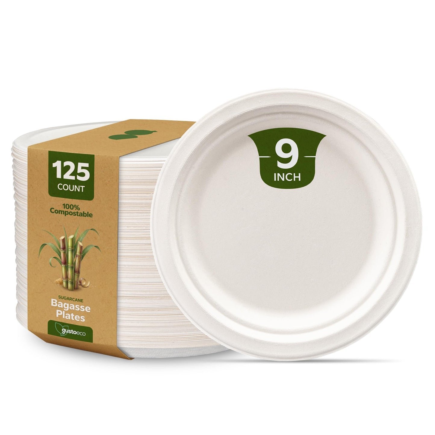 Comfy Package [125 pezzi - 23 cm] Piatti monouso 100% compostabili in canna da zucchero - ecologici e resistenti