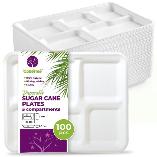 GoBeTree 100 Piatti monouso da 26 cm con 5 scomparti. Piatti in canna da zucchero, stoviglie monouso extraforti di colore bianco. Piatti rettangolare.
