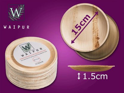 Waipur Piatti in Foglia di Palma Ecologici - 25 Pz Rotondi 15x15 cm - Piccole Stoviglie usa e getta Compostabili Eleganti - Leggeri e Resistenti - Simile al Bamboo e al Legno - Ideale per Feste