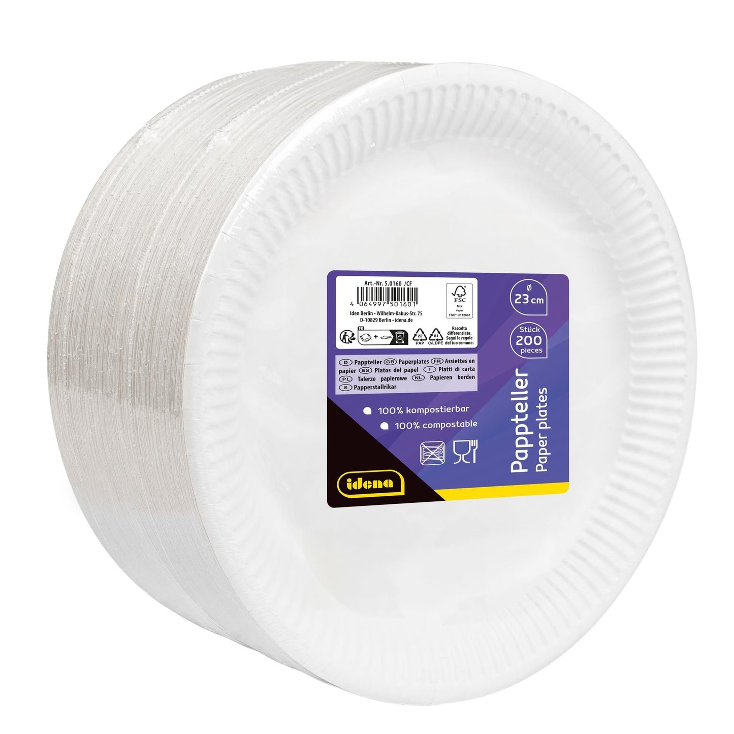 Idena 50160 - Piatto Party Bianco, 200 Pezzi,⌀ 23 cm, Certificato FSC, Piatto di Carta 100% compostabile, per Feste, Barbecue e Picnic