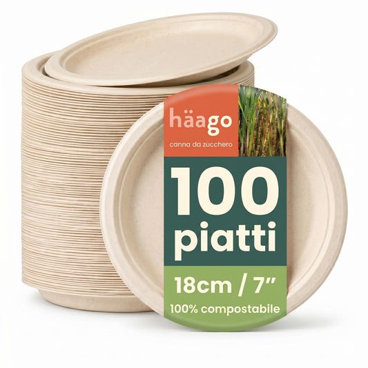 HAAGO 100 Piatti Dessert Compostabili Resistenti in Canna da Zucchero 18cm / 7" – Piattini Dessert di Carta Robusti, Antigrasso & Anti-Perdita – Biodegradabili & Monouso per Cibi Caldi/Freddi, Feste