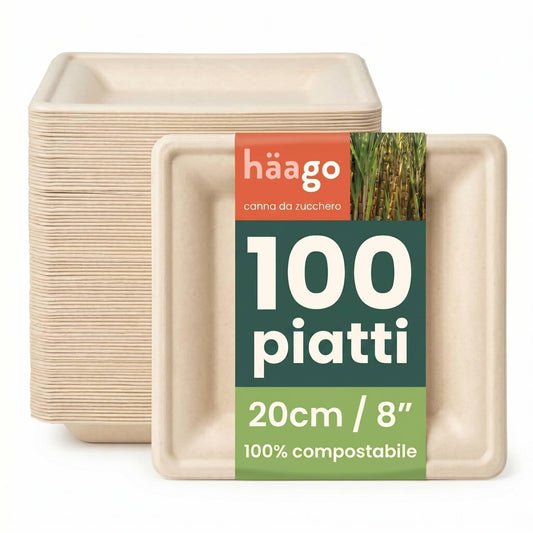 HAAGO 100 Piatti Compostabili Resistenti in Canna da Zucchero, 20 cm / 8" Quadrati – Piatti di Carta Robusti, Antigrasso & Anti-Perdita – Biodegradabili & Monouso per Cibi Caldi/Freddi, Feste