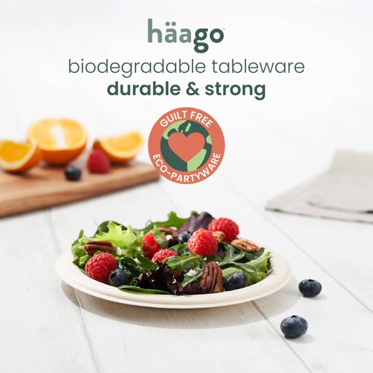 HAAGO 100 Piatti Dessert Compostabili Resistenti in Canna da Zucchero 18cm / 7" – Piattini Dessert di Carta Robusti, Antigrasso & Anti-Perdita – Biodegradabili & Monouso per Cibi Caldi/Freddi, Feste