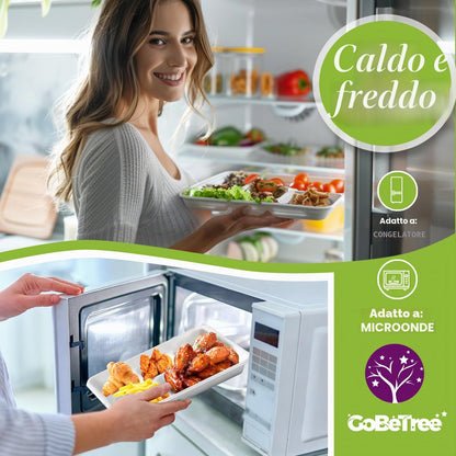 GoBeTree 100 Piatti monouso da 26 cm con 5 scomparti. Piatti in canna da zucchero, stoviglie monouso extraforti di colore bianco. Piatti rettangolare.
