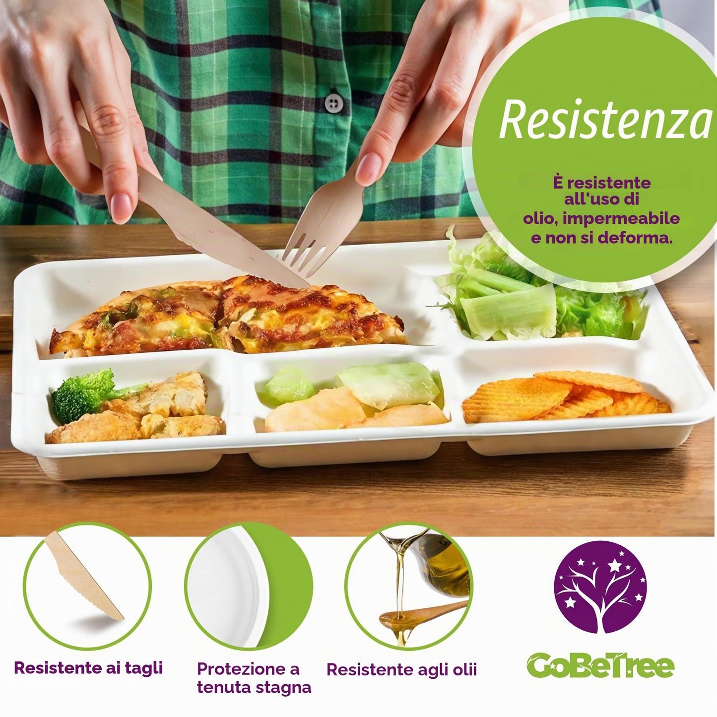 GoBeTree 100 Piatti monouso da 26 cm con 5 scomparti. Piatti in canna da zucchero, stoviglie monouso extraforti di colore bianco. Piatti rettangolare.