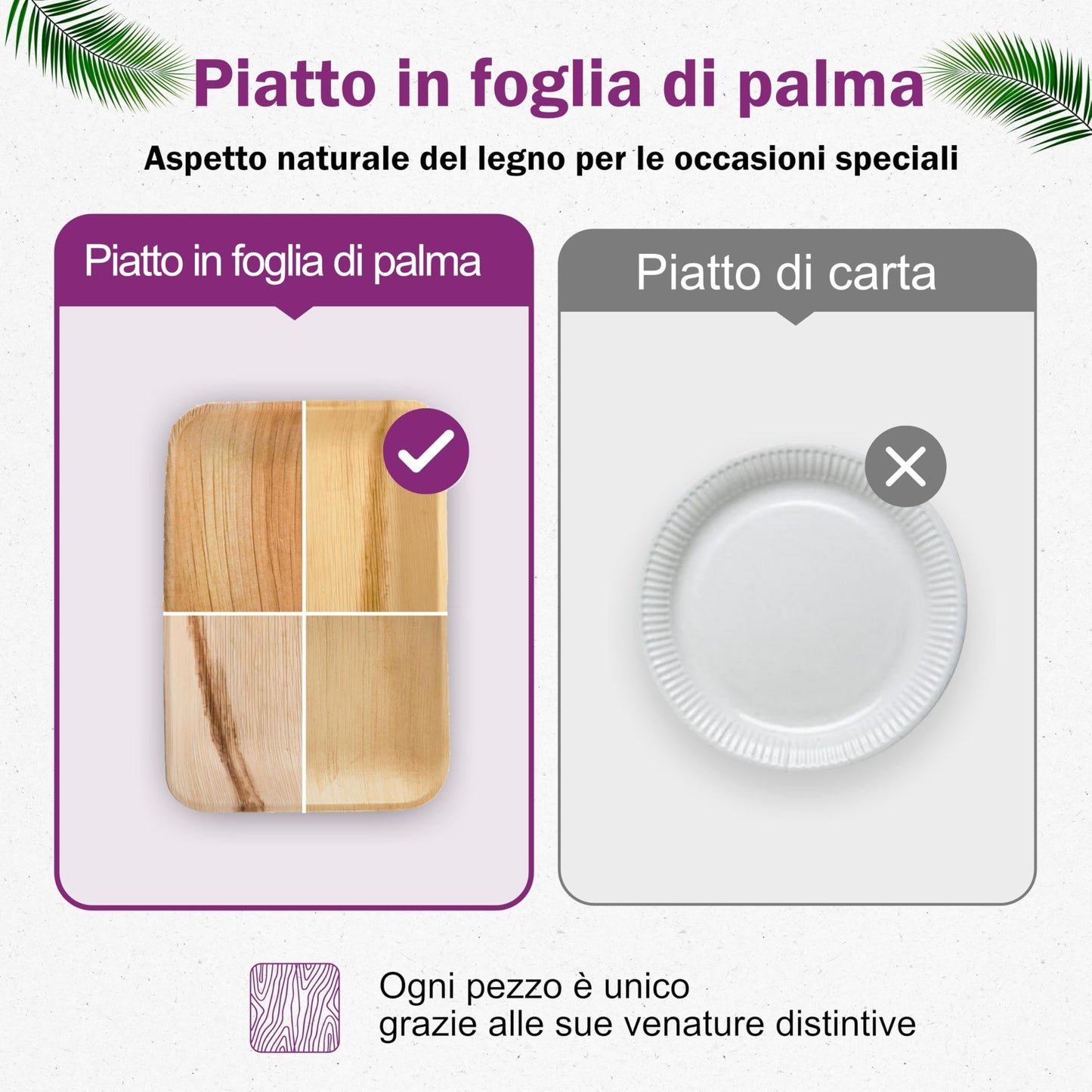 Waipur Piatti in Foglia di Palma Ecologici - 25 Pz Rettangolari 28x18 cm - Stoviglie usa e getta Biodegradabili Eleganti - Leggeri e Resistenti - Naturali e Compostabili - Simile al Bamboo e Legno