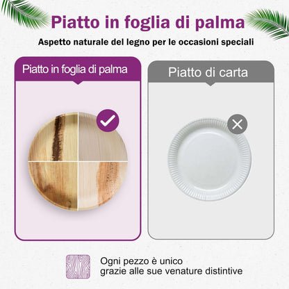 Waipur Piatti in Foglia di Palma Ecologici - 25 Pz Rotondi 15x15 cm - Piccole Stoviglie usa e getta Compostabili Eleganti - Leggeri e Resistenti - Simile al Bamboo e al Legno - Ideale per Feste