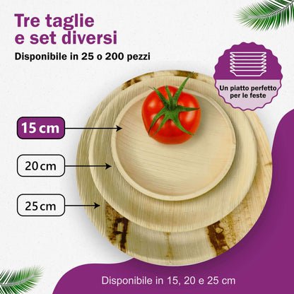 Waipur Piatti in Foglia di Palma Ecologici - 25 Pz Rotondi 15x15 cm - Piccole Stoviglie usa e getta Compostabili Eleganti - Leggeri e Resistenti - Simile al Bamboo e al Legno - Ideale per Feste