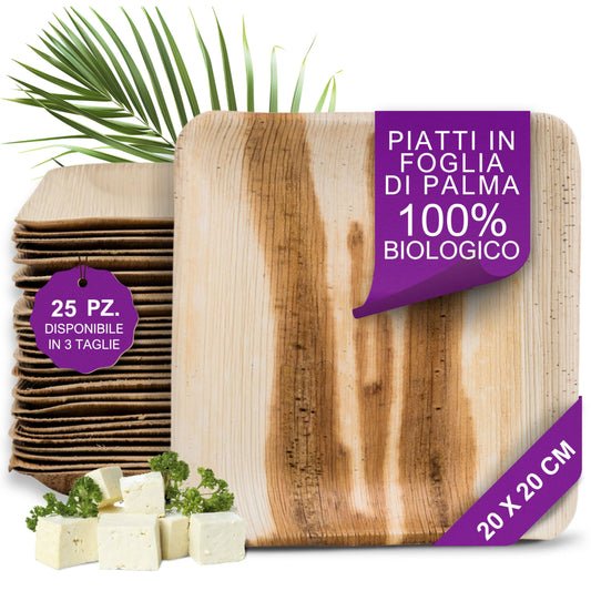 Waipur Piatti in Foglia di Palma Ecologici - 25 Pz Quadrati 20x20 cm - Stoviglie usa e getta Compostabili Eleganti - Leggeri e Resistenti - Simile al Bamboo e al Legno - Ideale per Feste