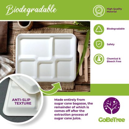 GoBeTree 100 Piatti monouso da 26 cm con 5 scomparti. Piatti in canna da zucchero, stoviglie monouso extraforti di colore bianco. Piatti rettangolare.