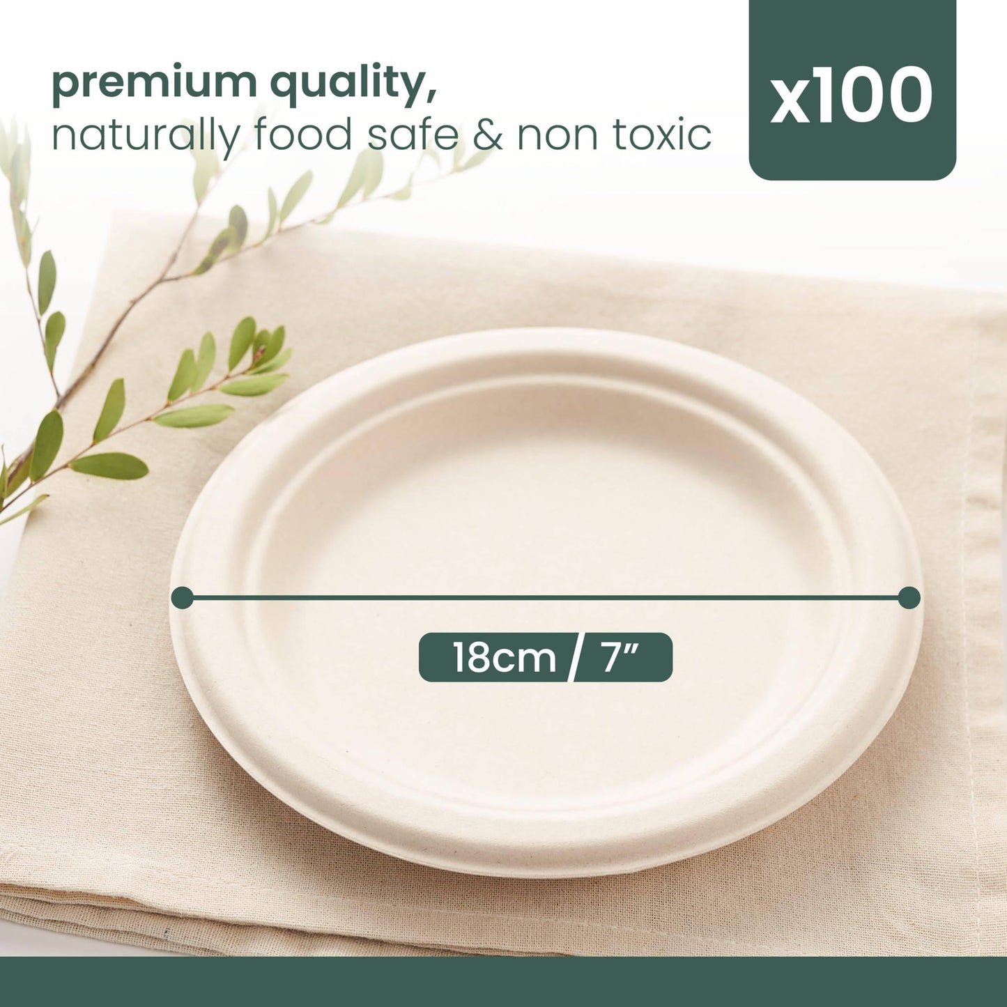 HAAGO 100 Piatti Dessert Compostabili Resistenti in Canna da Zucchero 18cm / 7" – Piattini Dessert di Carta Robusti, Antigrasso & Anti-Perdita – Biodegradabili & Monouso per Cibi Caldi/Freddi, Feste