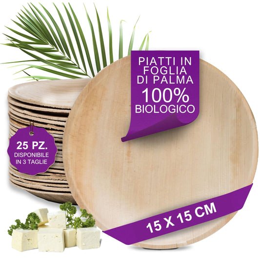 Waipur Piatti in Foglia di Palma Ecologici - 25 Pz Rotondi 15x15 cm - Piccole Stoviglie usa e getta Compostabili Eleganti - Leggeri e Resistenti - Simile al Bamboo e al Legno - Ideale per Feste