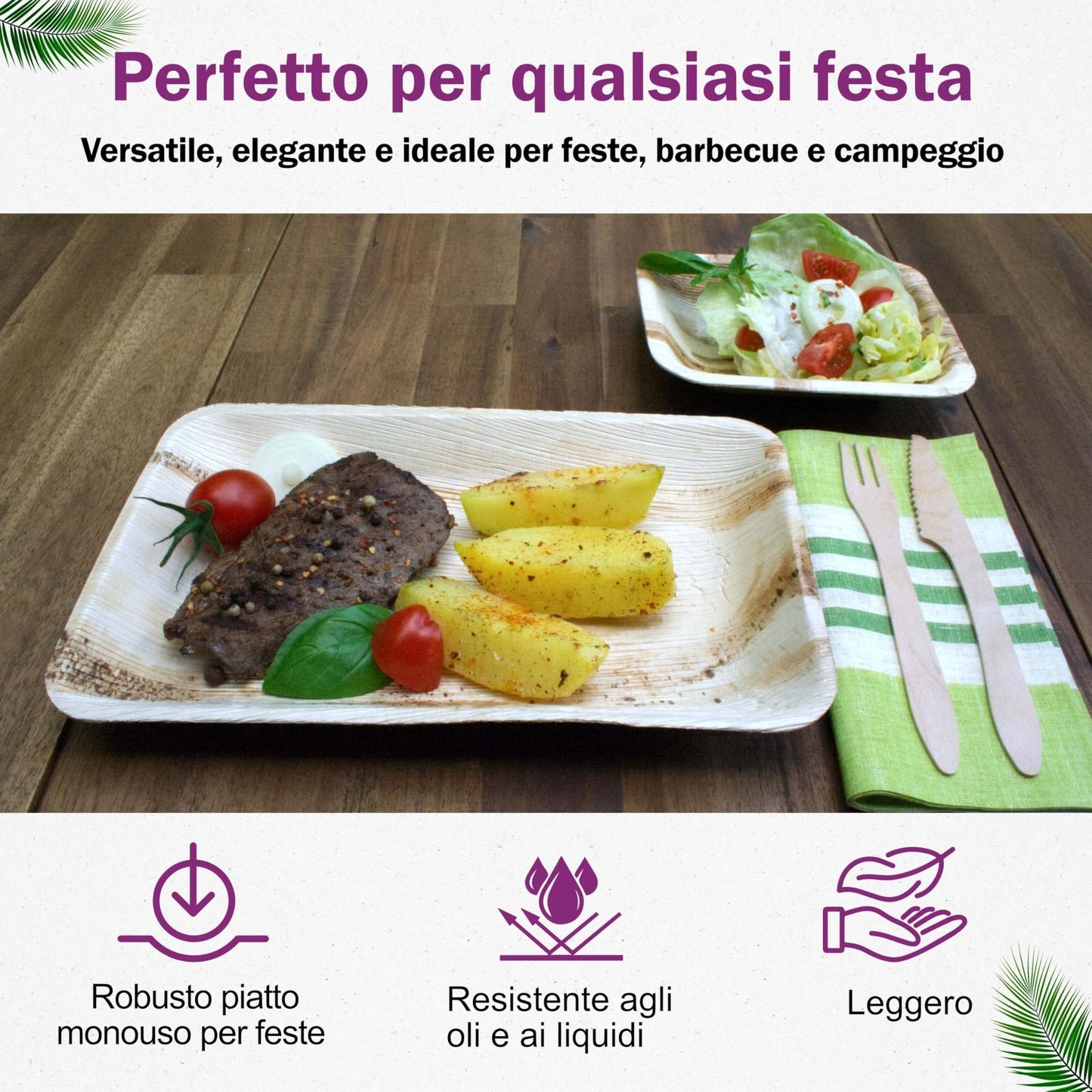 Waipur Piatti in Foglia di Palma Ecologici - 25 Pz Rettangolari 28x18 cm - Stoviglie usa e getta Biodegradabili Eleganti - Leggeri e Resistenti - Naturali e Compostabili - Simile al Bamboo e Legno